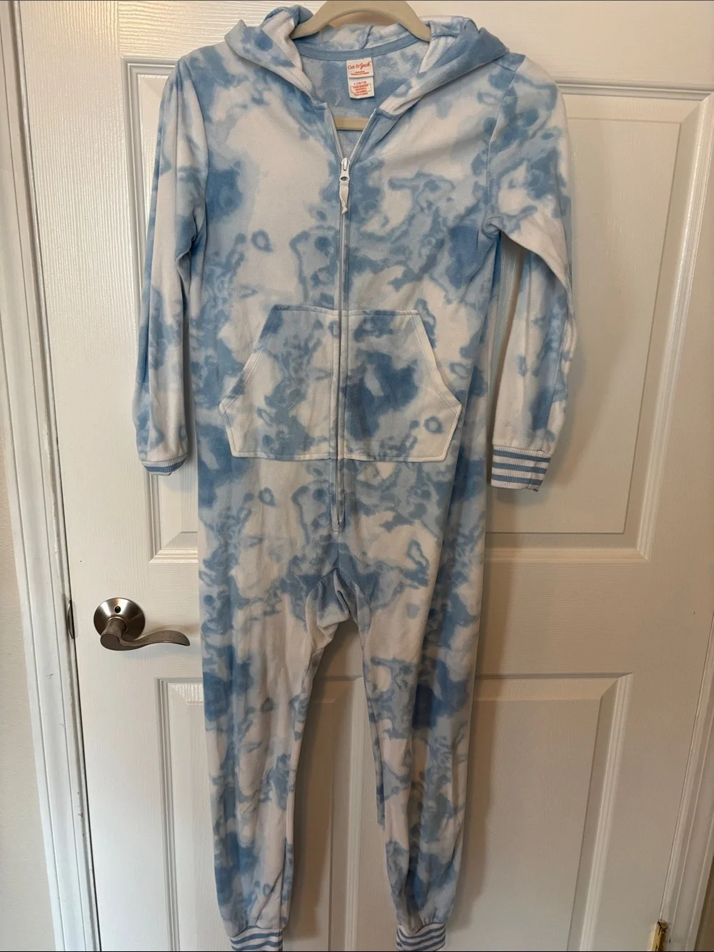 Cat & Jack Light Blue and White Tie-Dye Hooded One-Piece Footie